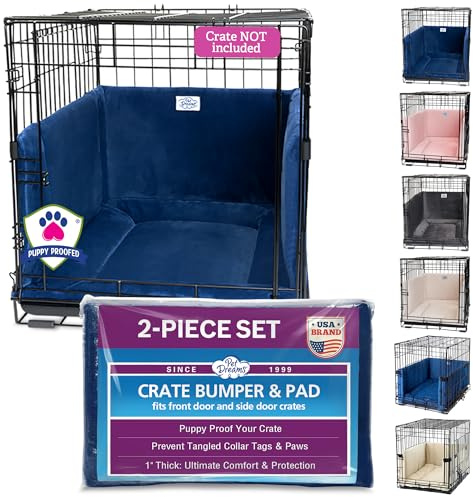 Pet Dreams Dog Crate Bumper & Mat Set- Patented Comfy Liner & Dog Tail Protector for Inside Crate, fits iCrate Cages 18, 24, 30, 36, 42, 48 Inches (Blue, Small, 24“)