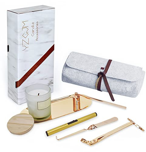Exquisite Candle Accessories Tool Pack Bag, Rechargeable Electric Lighter， Wick Trimmer, Dipper, Snuffer and Tray Holder Elegant Kit Gift for Candle Lovers in Dating, Valentines Decor. (French Gold)