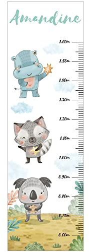 Personalisierbare Messlatte für Kinderzimmer, Motiv: Tiere mit Aquarell, 130 cm.