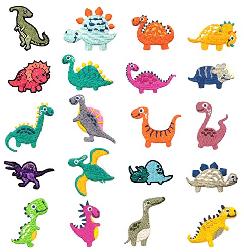 TIANNAIT 20 stycken små dinosaurie-klistermärken, tecknade djurfläckar för barn, stryk- och sömnadsklistermärken, gör-det-själv-klädtillbehör, för kläder, hattar, ryggsäckar (olika mönster)