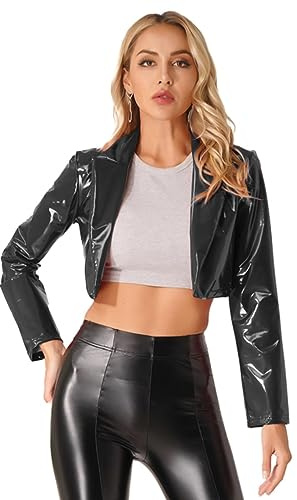SHANHE Moda para Mujer Chaqueta de Moto Damas de Manga Larga de Charol Solapa Recortada Abrigo Cosplay Clubwear Wet Look Festival Ropa-Negro,L