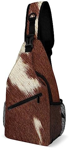 FWJZDSP Sling Bag Fell Rindsleder Kuh Print Damen Herren Umhängetasche Braun Weiß Punkte Verstellbarer Sling Rucksack Brusttasche zum Wandern