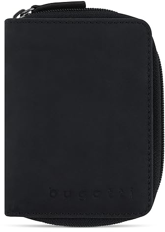 bugatti Luca Reißverschluss-Damenbörse aus Leder, Geldbörse mit RFID-Schutz Damen, schwarz