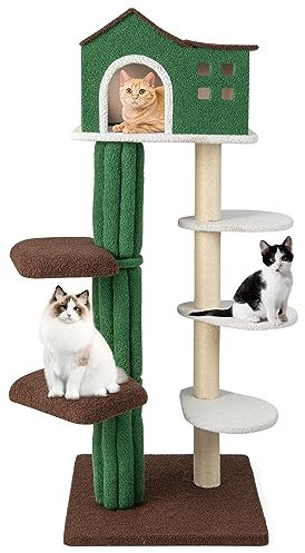 COSTWAY Árbol Rascador para Gatos con 5 Plataformas, Altura 153 cm, Torre de Gatos con Condominio, Castillo Juego de Gato con Postes Rascadores Cubiertos de Sisal, Rascador Multinivel para Gatos