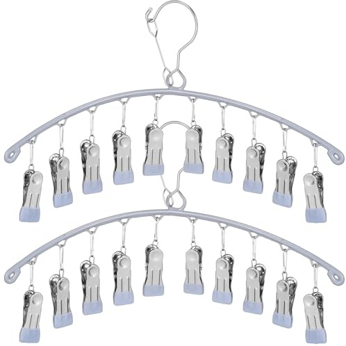 Alipis 2Pcs Sock Hangers for Drying, Stainless Steel Laundry Dryer Rack with 10 Clips, Grey Foldable Peg Hanger for Washing Line, Underwear, Socks, Hats, Baby Clothes, Bras, Towels and Small Items