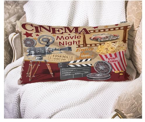 EKOBLA Federa per cuscino, 30,5 x 50,8 cm, poster cinematografico retrò, lettere, cinema, notte del film, godetevi lo spettacolo, proiettore pop corn, federa decorativa per cuscino da studio, federa