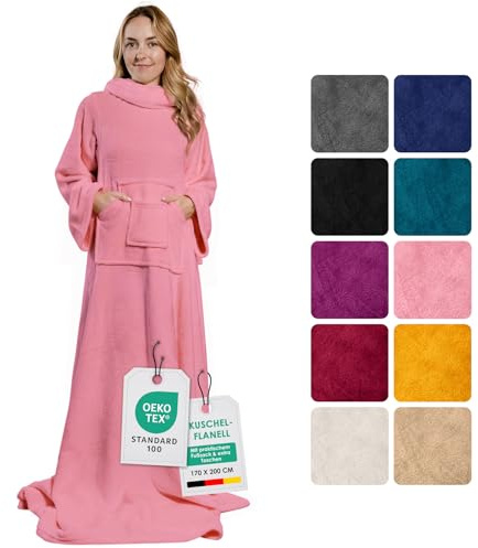 heimtexland ® Ärmeldecke TV Kuscheldecke mit Ärmeln Taschen Fußsack Super Soft Flanell tragbare Decke Ganzkörperdecke Typ870 Rosa 200x170 cm