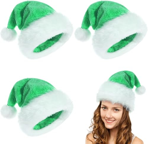 POPOYU 3 Stück Weihnachtsmütze Nikolausmütze Erwachsene,Weihnachtsmann Kostüm Nikolausmütze,Grün Mütze Dicker Plüsch Fellrand aus Plüsch Nikolaus,Weihnachtsmann Mütze für Herren/Damen