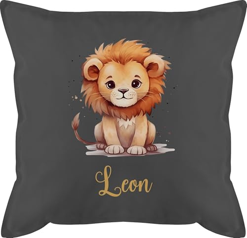 Kissen 50x50 - Süßer Löwe mit Name personalisiert I Löwen Geschenk I Zootiere I König der Tiere I LEU - 50 x 50 cm - Grau - personalisiertes Kinder kinderkissen Kindergarten löwenmotiv Leon