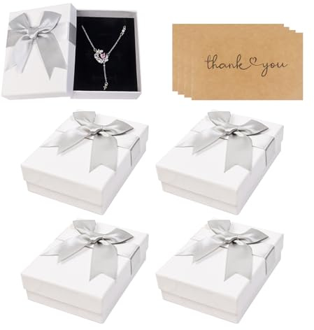 4 Stück Schmuck-Geschenkboxen, 9 × 7 × 3 cm, kleine Geschenkboxen mit Karten, Halskette Ohrring Geschenkbox mit Schleife und Deckel (grau)
