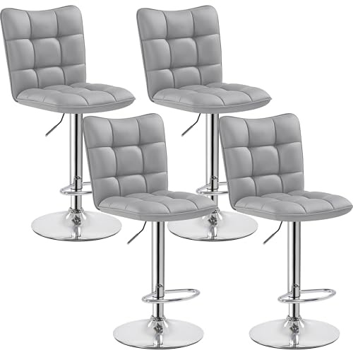 Yaheetech Barhocker 4er Set Thekenhocker 360° drehbar höhenverstellbar Barstühle mit Rückenlehne und Fußstütze PU-Kunstleder 136 kg belastbar, für Küche, Bar, Hellgrau