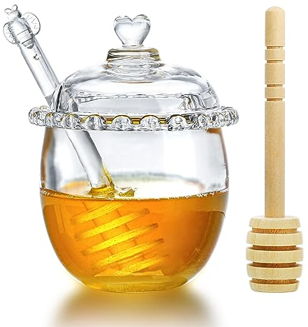 H&D Hyaline&Dora Elegant Modern Pot à miel en verre avec louche et couvercle, 9,5 x 9,5 x 12 cm, 170 ml, récipient à miel avec cuillère, distributeur de miel
