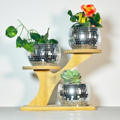 Set mit 3 kleinen Discokugel-Vasen, Discokugel-Pflanzgefäß mit Holzständer, Spiegelglas, Discokugel-Pflanzgefäß, Bambus-Pflanzgefäß, Kaktus-Sukkulenten-Blumentopf für Party, Garten, Büro,