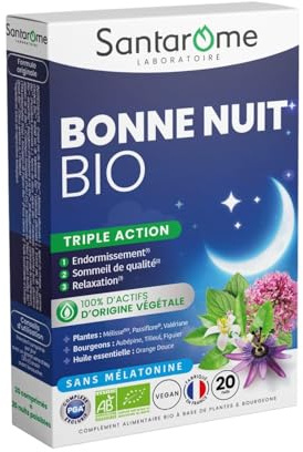 Santarome - Bonne Nuit Bio - Complément alimentaire sommeil - Endormissement, relaxation - Sans Mélatonine - 20 Comprimés - Vegan - Made In France