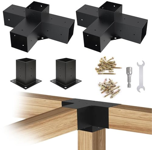 Woodworks Kit de supports de pergola 4 x 4, supports d'extension d'angle à 4 voies, revêtement en poudre noire, supports métalliques 4 x 4 pour poutres en bois, clôture, abri de jardin et abri d'auto