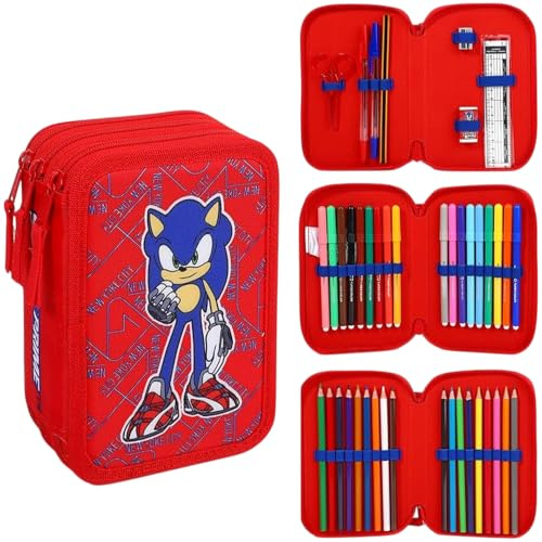 Sonic the Hedgehog 3 Tier Large Pencil Case with Stationery Included | 45 Piece Multi Compartment Filled Pencilcase Set with Colouring Pens, Pencils and School Supplies for Boys and Girls