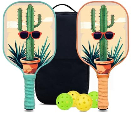 KUAVETO Ensemble de raquettes de pickleball, tout le plaisir que vous pouvez avoir avec un noyau en polymère nid d'abeille avec motif Cactus-BM1 – Comprend 2 pagaies, 4 balles et un sac de transport