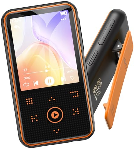 AGPTEK 64GB MP3 Reproductor con Clip Deportivo, Bluetooth 5.3 Reproductor con 1.8 TFT Pantalla a Color, Mini Reproductor de Música con Botón Táctil,Radio FM,Podómetro, Soporta hasta 128GB, Nanranja