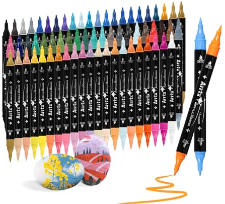 Arrtx 64 Acrylstifte für Steine wasserfest, Acrylmarker mit Pinselspitze und feiner Spitze, Steine Bemalen Stifte, Farbmarker für Felsmalerei für Keramik, Stoff, Leinwand, Holz, Glas