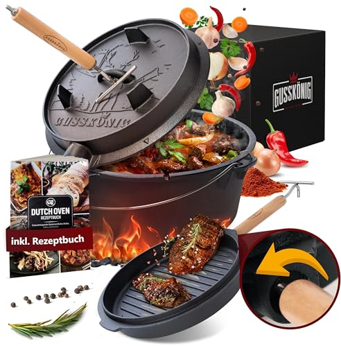 GUSSKÖNIG Dutch Oven Set - Eingebrannter Dutch Oven 8 Liter - Feuertopf Gusseisen mit Füßen - Schmortopf Doppelfunktion - inkl. 2in1 Deckelheber, DutchOven Rezeptbuch [für 3-6 Personen]