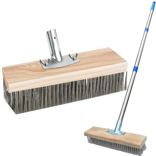 Balai métallique robuste avec poignée télescopique (145 cm), brosse à poils en métal rigide pour enlever les algues de mousse de mauvaises herbes, brosse à récurer pour sol extérieur pour patio,