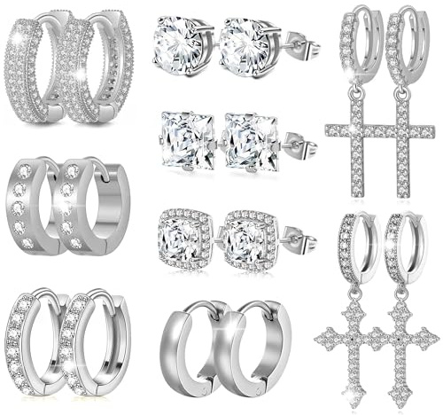 FEYIR 9 Pairs Earrings for Men Stainless Steel Small Hoop Earrings Hypoallergenic CZ Cross Dangle Earrings Cubic Zirconia Stud Earrings Huggie Men's Earrings Set