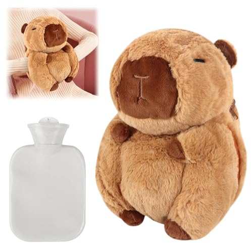 SKIKHN Capybara Wärmflasche Kuscheltier, Wärmflasche mit Bezug, Wärmflaschen Tier, Weiches Plüsch, Fluffy Handwärmer, Kuschelig Heißwasserflasche Abnehmbare und Waschbare Bettflasche für Kinder