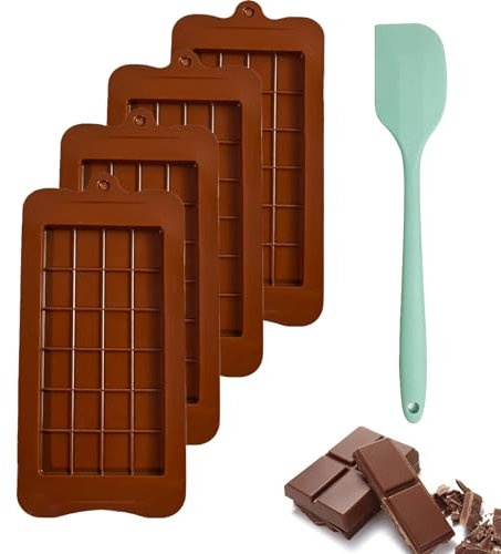 4 Stück Schokoladen Silikonform + Silicone Spatula, Schokoladenform Silikon Tief, Tief Schokoladentafel Form silikonform schokolade, Tief Schokolade Form für Schokolade praline Süßigkeiten
