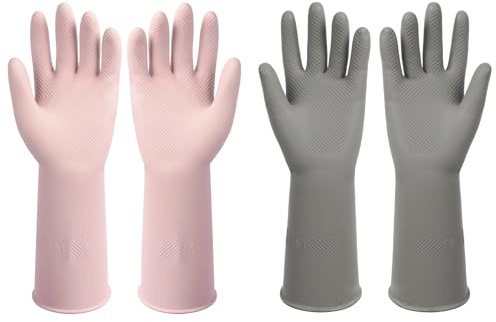 ZUIMER Rubber Tableware Gloves Reusable Kitchen Gloves 2 Pairs Dish Cleaning Gloves Long Lasting & Anti-Slip (Light Pink&Grey, M)