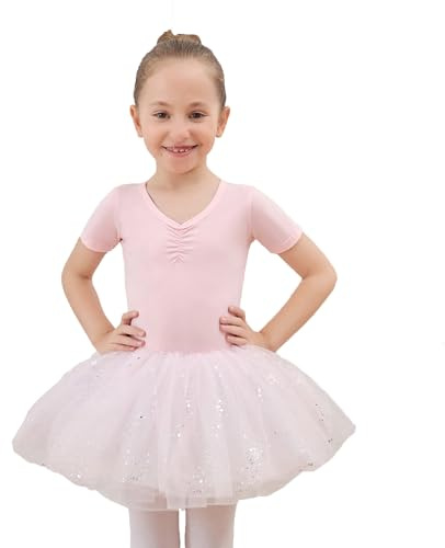 BOMKDRL Balettklänning för flickor dansdräkt gymnastik trikådräkt danskläder med kjol, Rosa, 130 cm