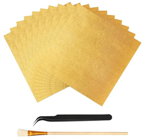 CAINCAY Goldfolie Flocken 200 Stück 14X14cm Goldfolie Papier Blattgoldblätter, Blattgold Flocken Blattgold mit Pinzetten und Bürsten, Blattgold Imitation Dekorfolienpapier für Handwerk Malerei Kunst