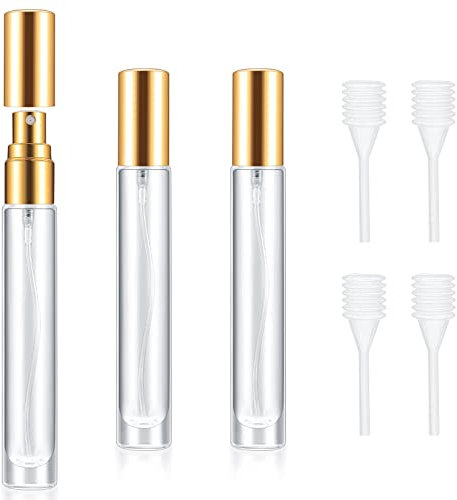 4 Pcs 10ml Portable Travel Perfume Atomiser Refillable Perfume Bottle Spray Bottles, Small Glass Aftershave Travel Bottle Atomizer Dispenser for Women Men Pocket Handbag, with 4 Drippers(Gold)