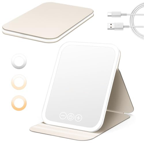 NXPZ​Specchio da Trucco Illuminato, Specchio Portatile Ricaricabile, Specchio da Viaggio Pieghevole Ultra HD, 3 Colori Luce, Luminosità Regolabile, Funzione Memoria, Ideale per Viaggi e Casa