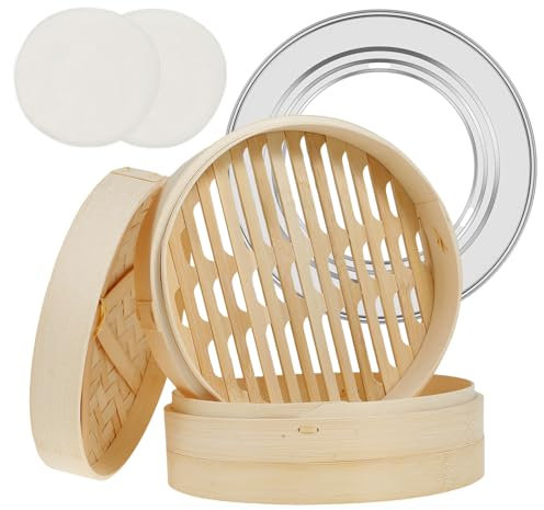 Cuiseur vapeur en bambou à 2 étages - Panier vapeur asiatique avec couvercle, anneau amortisseur en acier inoxydable et chiffon à vapeur pour Dim Sum, Dumplings, légumes, riz, viande et poisson
