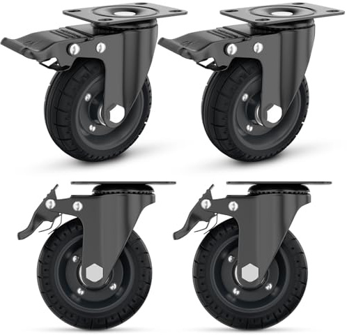 Lygoeege 100mm Schwenkrollen Räder mit Doppelbremse, 4 Stück bis 500 kg, Massiv Gummi, Gusseisen Rand, Plattenrollen, Outdoor, Flat Free für Wagen, Dolly, Arbeitsbank, Trolley