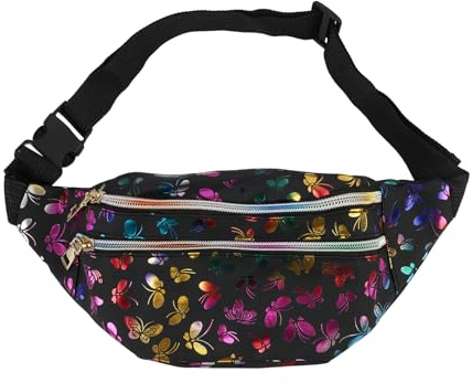 Modische Gürteltasche für Mädchen und Damen, Kinder Bauchtasche, Glitzernd mit Schmetterlingsdruck, Wasserdichtes PU-Leder, Vielseitig Tragbar, Schwarz – Ideal für Festivals und Alltag