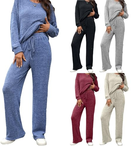 MJGkhiy Completo Tuta Donna Maglia Elegante 2 Pezzi Maglione e Pantaloni a Gamba Larga Completa Tute In Maglioni Moda Set Coordinato Autunno Completi Lana Inverno Abbigliamento Per Casa