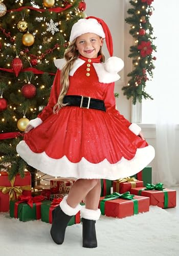 Fun Costumes Girls Christmas Santa Costume | Kids Xmas Dress with Hat and Boot Toppers | Festive Helper Holiday Gown Outfit Medium