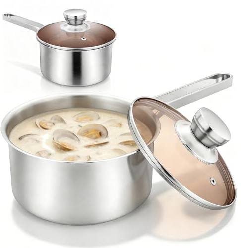Casserole à Manche de 18 cm en Acier Inoxydable, Fond à 3 Couches Petite Casserole à Lait avec Couvercle en Verre pour Tous Les Feux