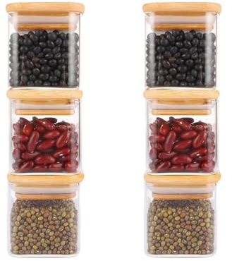 Cobenga 6 Stück Gewürzgläser aus Glas mit Bambusdeckel, 150 ml, luftdicht, für Küche, Lebensmittelbehälter-Set mit schwarzen Etiketten, leere Gewürzgläser für Gewürze, Salz, Zucker