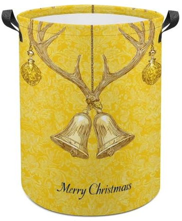 Canasta de lavandería con cuernos de reno con campanas amarillas, cesta de lavandería de Feliz Navidad, impermeable, plegable, cesta de almacenamiento para ropa sucia, cesta de lavandería para sala de