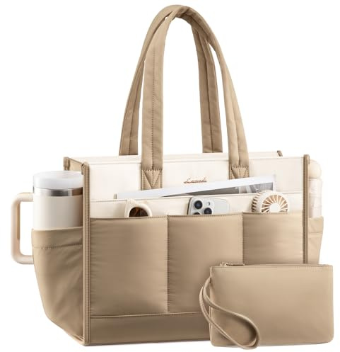 LOVEVOOK Bolso de mano para mujer, bolso de la compra, bolso para portátil, bolso grande, bolso para profesores, bolso escolar, bolso de mano para universidad, negocios, escuela, Beige Caqui, 15,6
