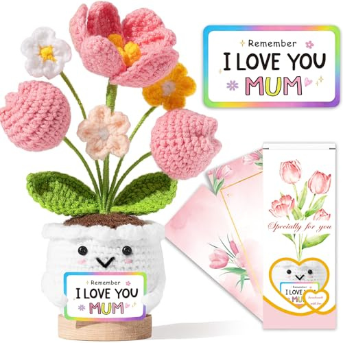 XIESUNUN Best Mum Gifts Positive Tulip Flower Emotional Support Crochet - Remember I Love You Mum - Mother Gifts from Daughter Son,Mothers Day,Christmas Birthday Gift for New Mom To Be,Mother in Law