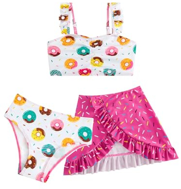 JiAmy Conjunto de tankini para niña, 3 piezas, con falda con volantes, bikini para niños, traje de baño para niños, tirantes ajustables, fresa, sirena, sandía, rosquilla, 4-8 años