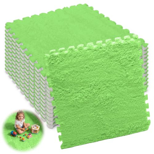 Ineinandergreifende Plüsch-Schaumstoffmatte, 12 Stück Wohnzimmer-Schlafzimmer-Teppichfliesen, 30cm*30cm*1cm Zusammensteckbare Schaumstoff-Bodenfliesen für Wohnzimmer, Schlafzimmer (Grün)