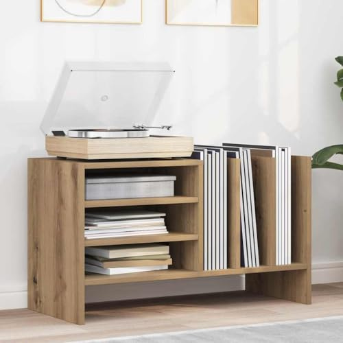 IKAYAA Mueble de Discos de Madera con Patas Metálicas 78.5 x 35 x 45 cm, Tocadiscos de Vinilo Stand, Estanteria CD, para Vinilos, Roble