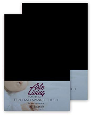 Doppelpack hochwertige Kinder Baby Jersey Spannbettlaken Spannbetttuch 60x120-70x140 cm 140 g/m² Arle-Living (Schwarz, Doppelpack 60x120-70x140 cm)