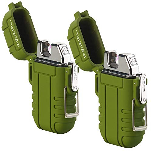 PEARL Outdoor Feuerzeug: 2er Set Elektronisches Feuerzeug mit doppeltem Lichtbogen, Akku, IP56 (Lichtbogen USB, Elektronisches USB, Wasserdichte Taschen)