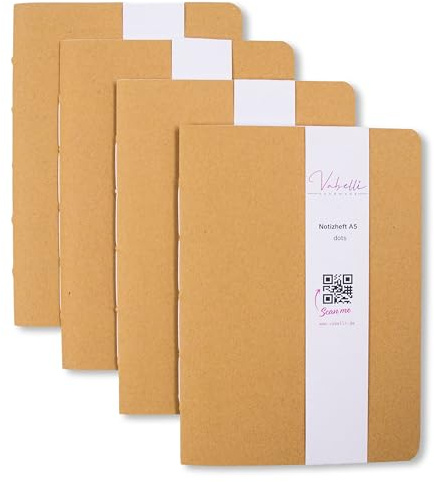 Vabelli Notizheft, A5, versch. Größen (z.B. DIN A5), 1-4 Stück, dots/blanko, 7 Farben, 60 Seiten,120g, Refill Journal, handgebunden