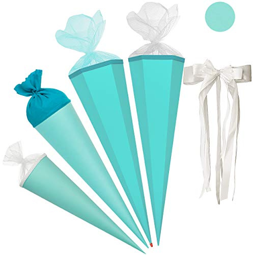 alles-meine.de GmbH Schultüte - Rohling - TÜRKIS blau - 50 cm - rund - incl. große Schleife - Tüllabschluß - mit/ohne Kunststoff Spitze - Zuckertüte - Markneukirchen - Jungen M..